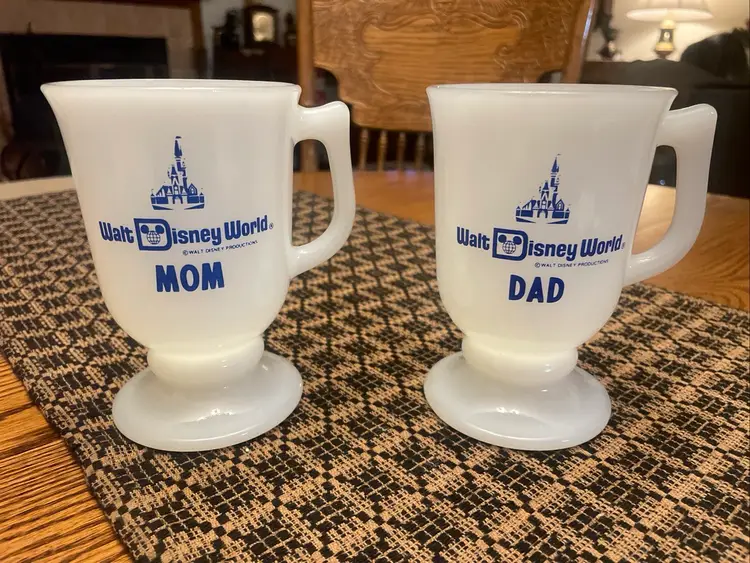 Vintage Walt Disney World Mom Dad  Milk Glass Mug Mugs Set Of Two