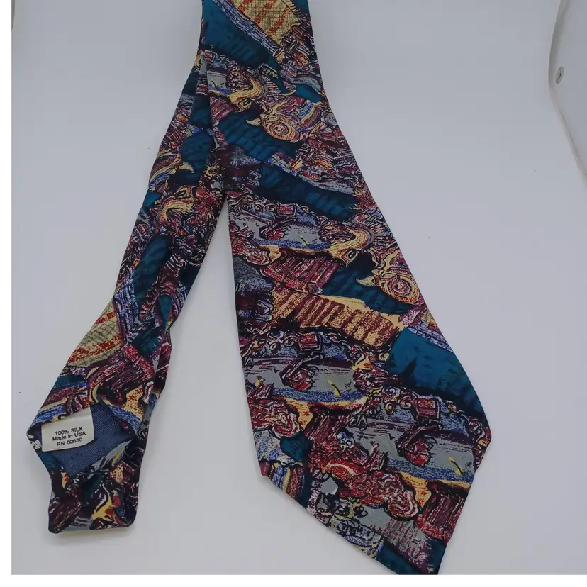 Vintage JERRY GARCIA 3.75 Inch Wide Silk Necktie, Green, Maroon, Yellow