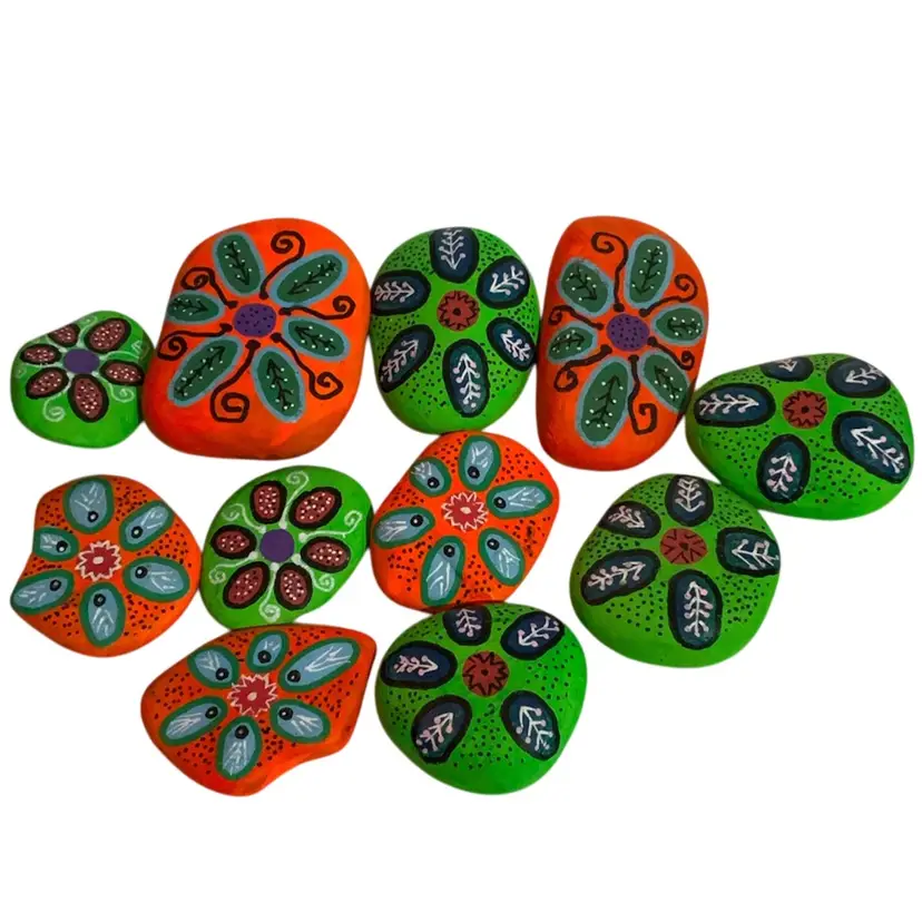 Original Rock Art By Artist Johnny C Of New Mexico. Great Paperweights Each Rock Is Hand Painted In Fluorescent Colors. 2” To 3.25” Long Major Glower UV Reactive
