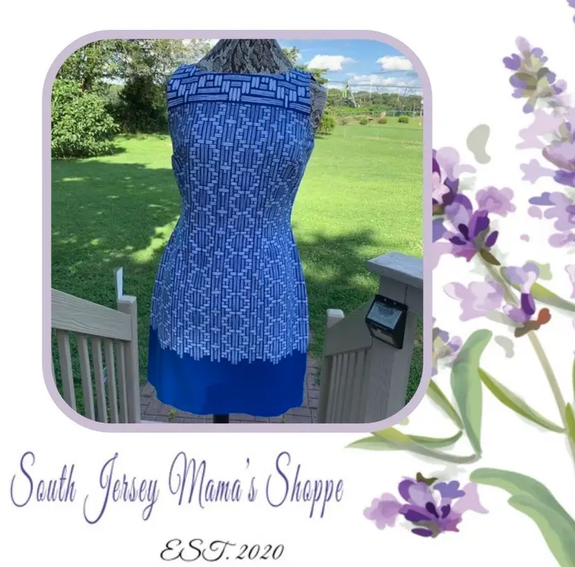 Vintage 1990s Size 10 Caps Blue & White Sleeveless Geometric Design Dress