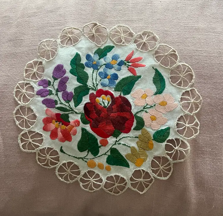 Hungarian Kalosca Hand Embroidered Doily Lace Floral Colorful