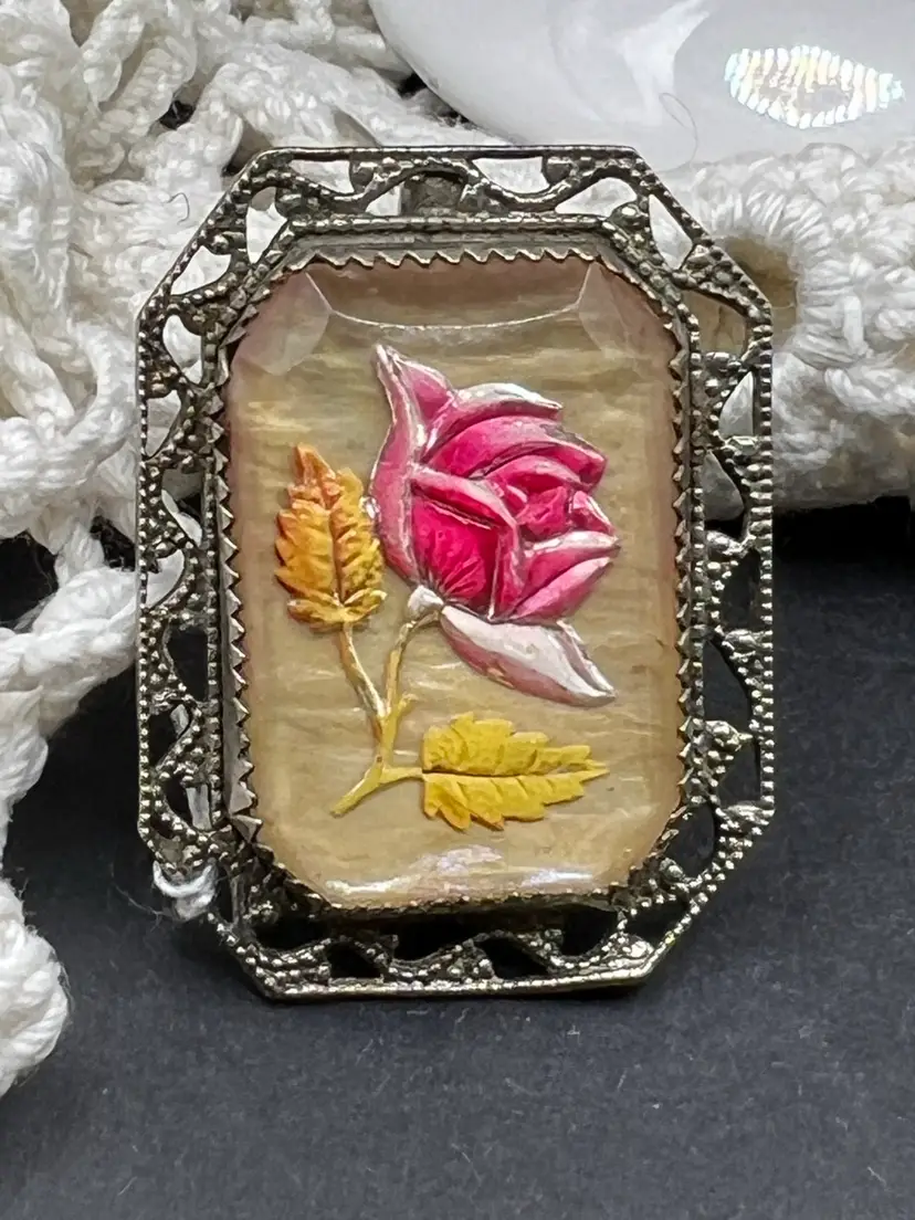 Vintage intaglio-style rose broach with foil glass and ornate Silver Tone metal border. 1920-30’s. Art Deco, MCM 1”  Beautiful Condition