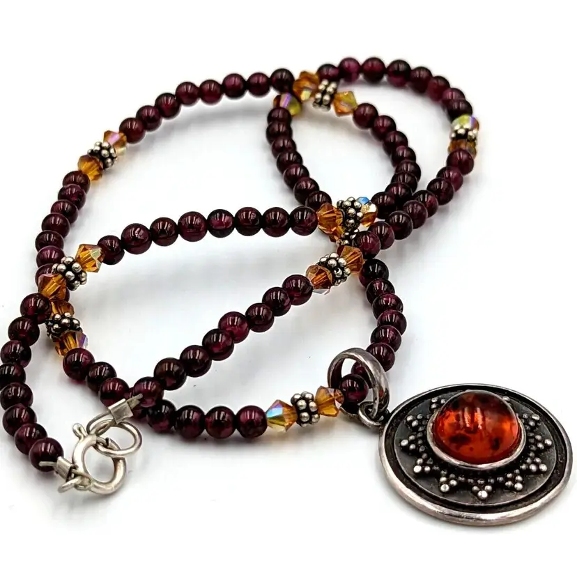 Honey Amber Sterling Silver Pendant On Garnet Beaded Necklace 925 Vintage