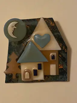 Lucinda House Pin - Copper And Shades Of Green Background With Tree, Heart, And Animated Crescent Moon