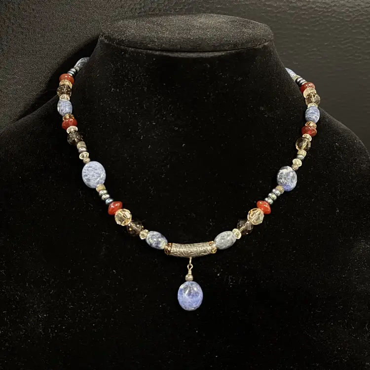 Sterling Glass & Blue Stone Beaded Necklace Adjustable