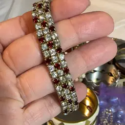 Gold Tone Rhinestone And Red Glass Stretch