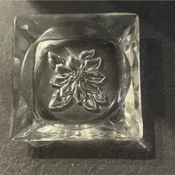 Vintage Small Square Poinsettia Glass Ashtray Clear Glass