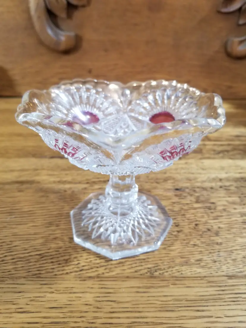 Antique EAPG Pedestal Sherbet Dish Ruby Stain Daisy Sunburst c1890