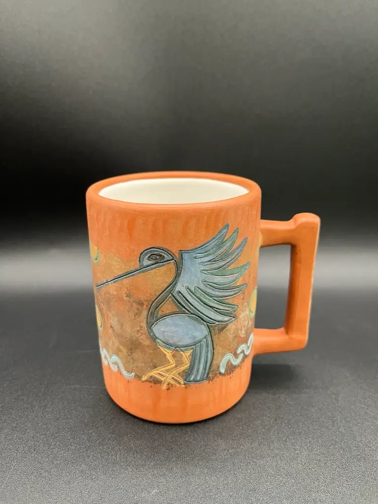 Marked Peruvian Seminario Folk Art Pottery Hand Painted Terracotta Mug With Etched Bird Motif 4”