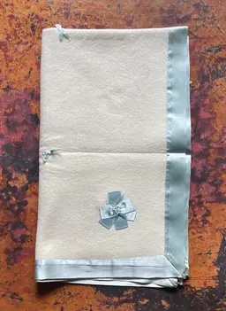 Baby Boy Receiving Blanket with Blue Satin Bows and Trim 44" x 37" VINTAGE RARE