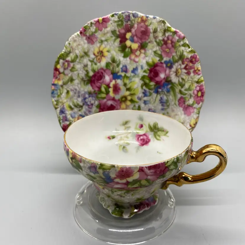Saji Occupied China Floral Rose Chintz Cup and Saucer with Display Stand