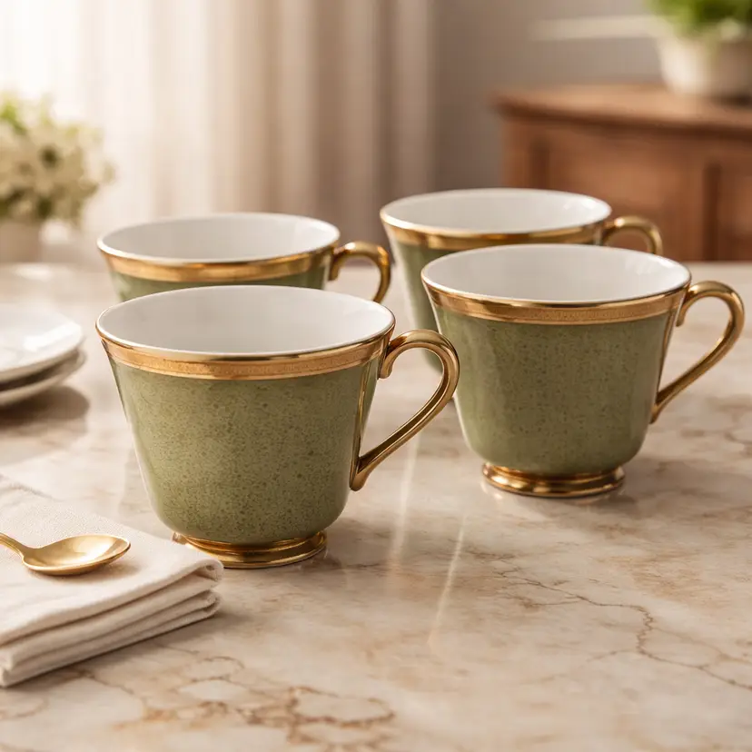 Set of 4 Mikasa Kingsley Fine China Green and Gold Teacups