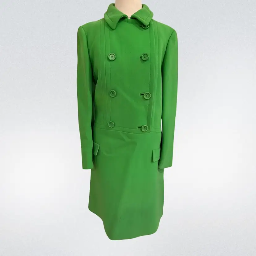 EATON’S Made In France 1960’s Vintage Green Wool Mod Coat Dress - Green Wool Knit Long-Sleeve Size 12