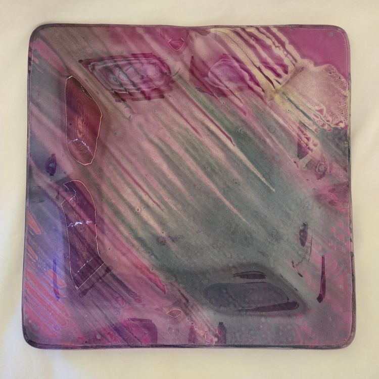 Art Fused Glass Ashtray Decorative Plate Made In Greece Sticker 8½" Square approximately