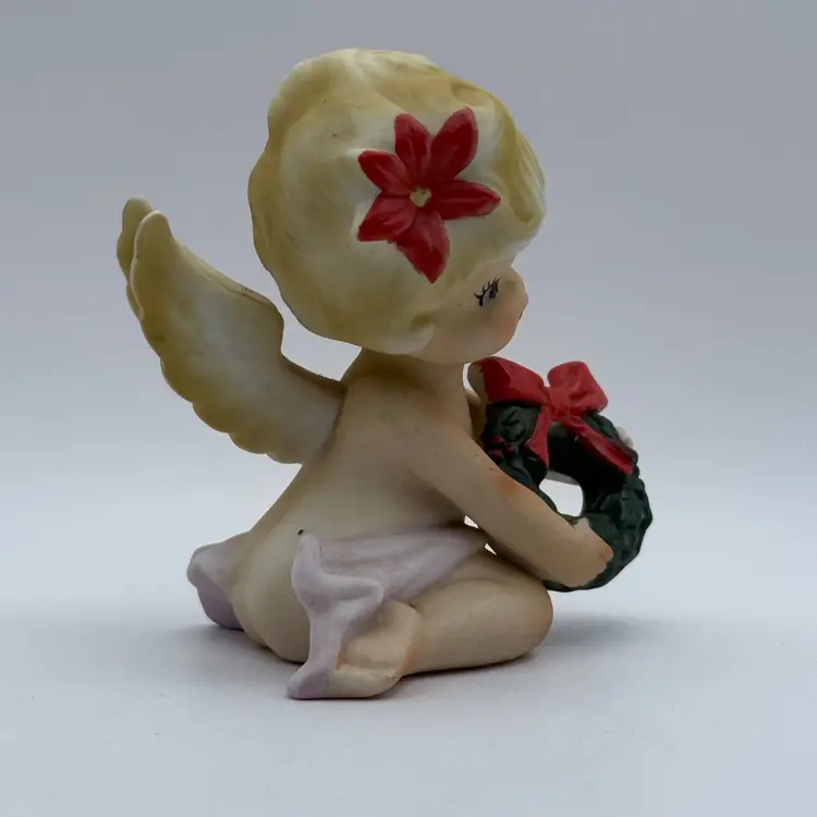 Vtg 1950's Lego December Birthday Christmas Angel Cherub Porcelain Bisque Figurine With Wreath & Wings