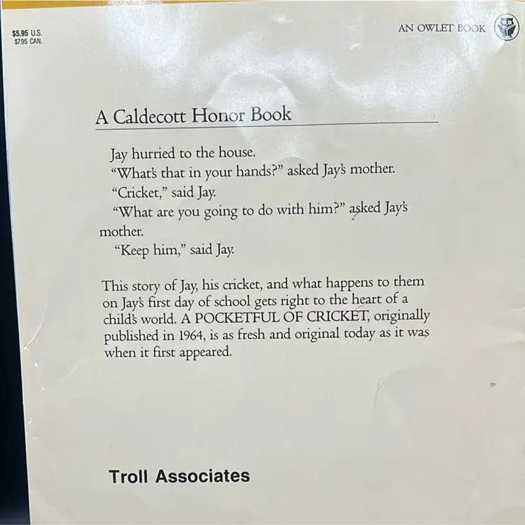 A Pocketful of Cricket by Rebecca Caudill, illustrated by Evaline Ness 1964 1st Edition PB Insects