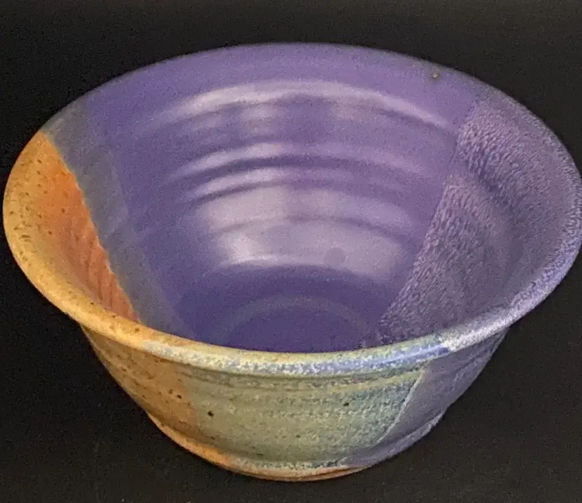 Artist Signed 2005 Pottery Bowl w/ Purple, Green & Beige Glaze