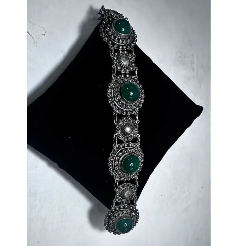 Vintage Italian 800 Silver Bracelet with Dark Green Stones 💚 Sz 7