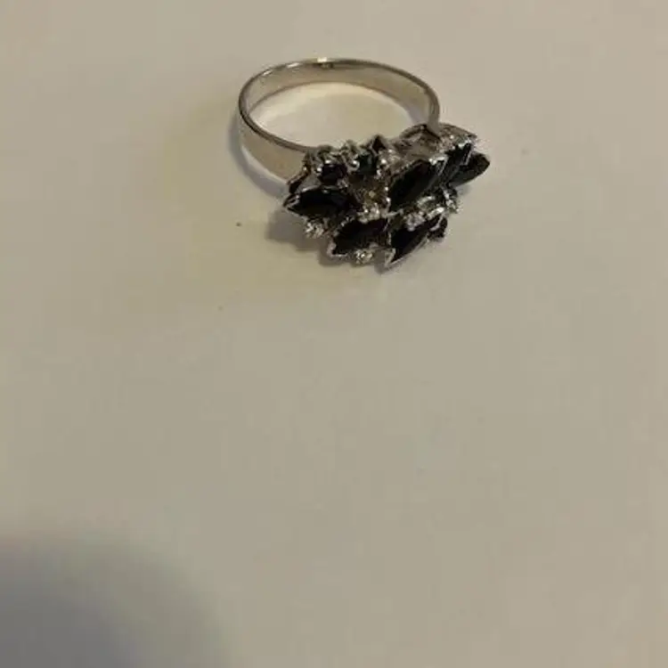 Silver Tone Ring with Prong Set Black Stones & White Rhinestones