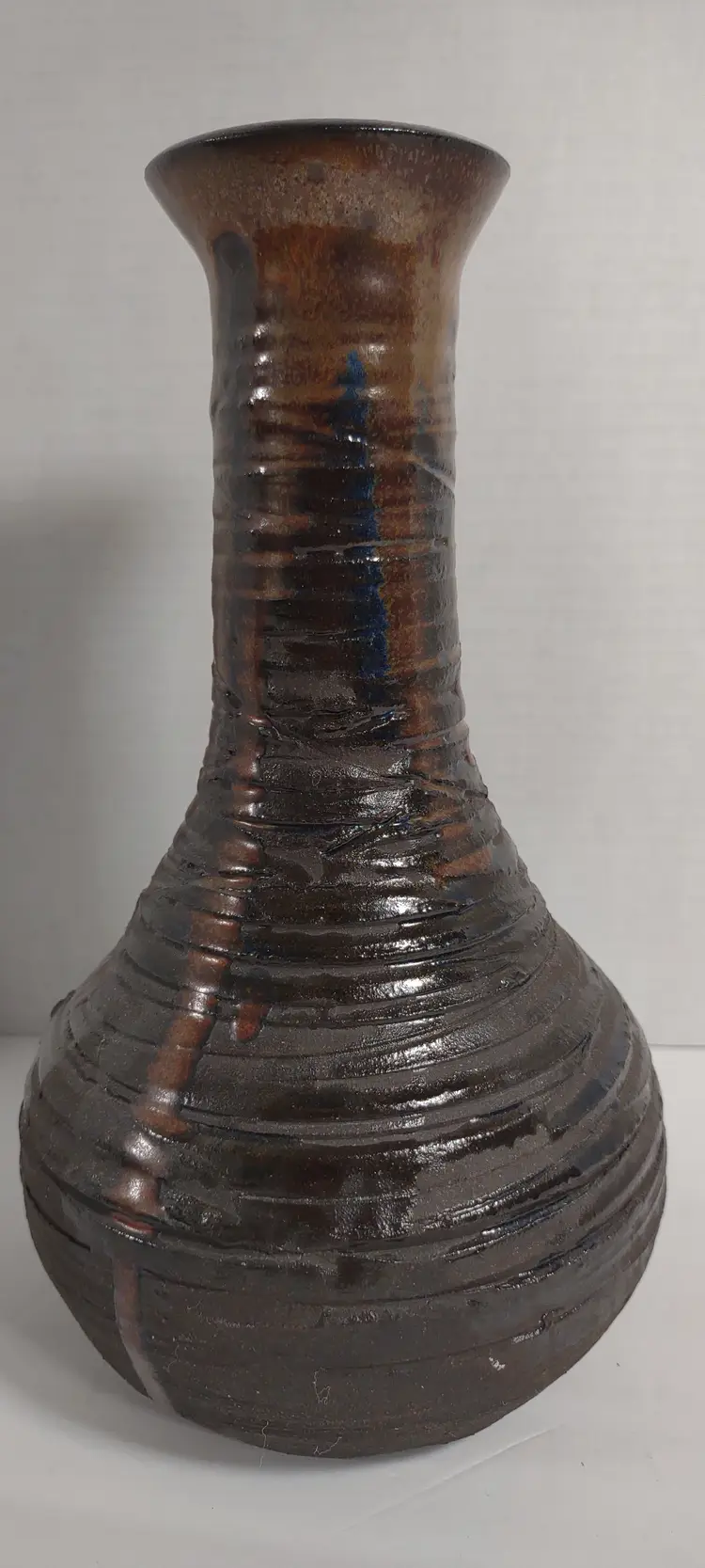 Raku Pottery Vase Artist Signed Earth tones W/ some blue