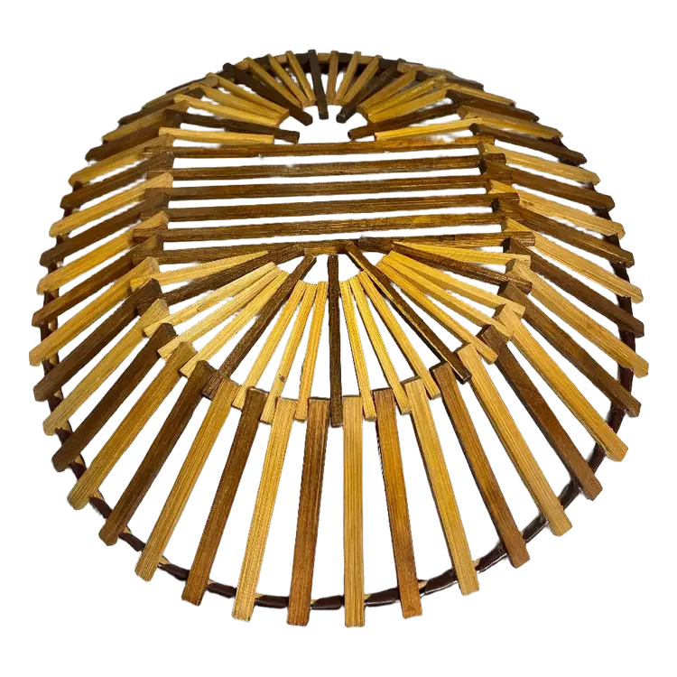 Vintage Boho Handmade Two Tone Bamboo Wood Slat Basket, 12.5" x 10.5"