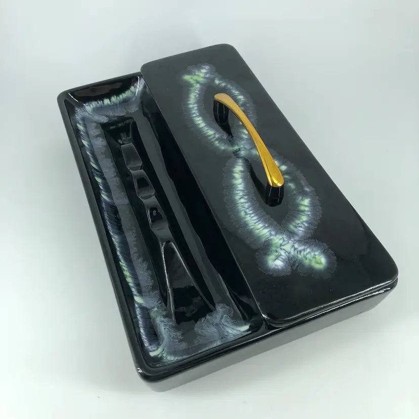 Royal Haeger Art Deco Black with Marbling Ashtray with Trinket Dish with Lid