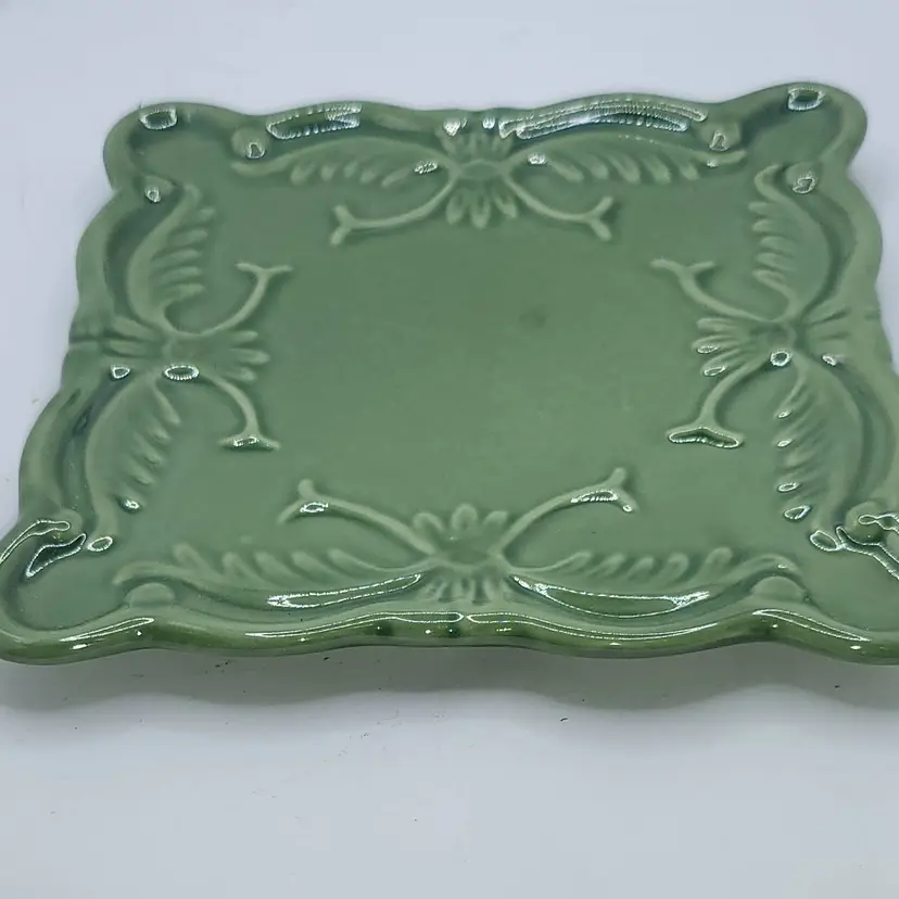 Vintage Green Ceramic Square Trinket Dish California Pantry 6"