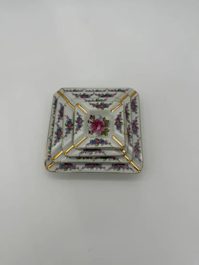 Vtg. Victorian Stacking Nesting Ashtrays Hand Painted English Rose Set 4