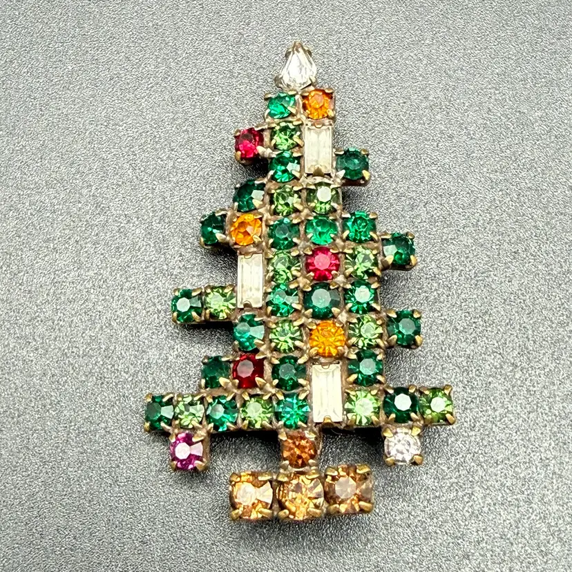 Vintage WEISS Brooch Pin Christmas Tree 3 Candles Candlesticks UV 1950s Holiday
