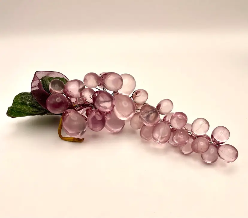 Vintage, MCM, Lucite/Acrylic, Grape Cluster with Sugared Leaves, Lt. Pink/Lilac, Ribbon for Hanging
