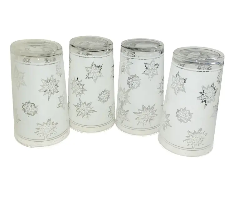 Vintage White Frosted Atomic Snowflake 10 Oz Federal Glass Tumblers Set Of 4 MCM