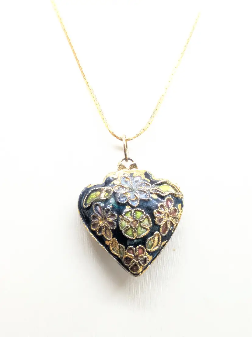 Vintage Cloisonne Floral Puffy Blue Heart Pendant Gold Tone Necklace