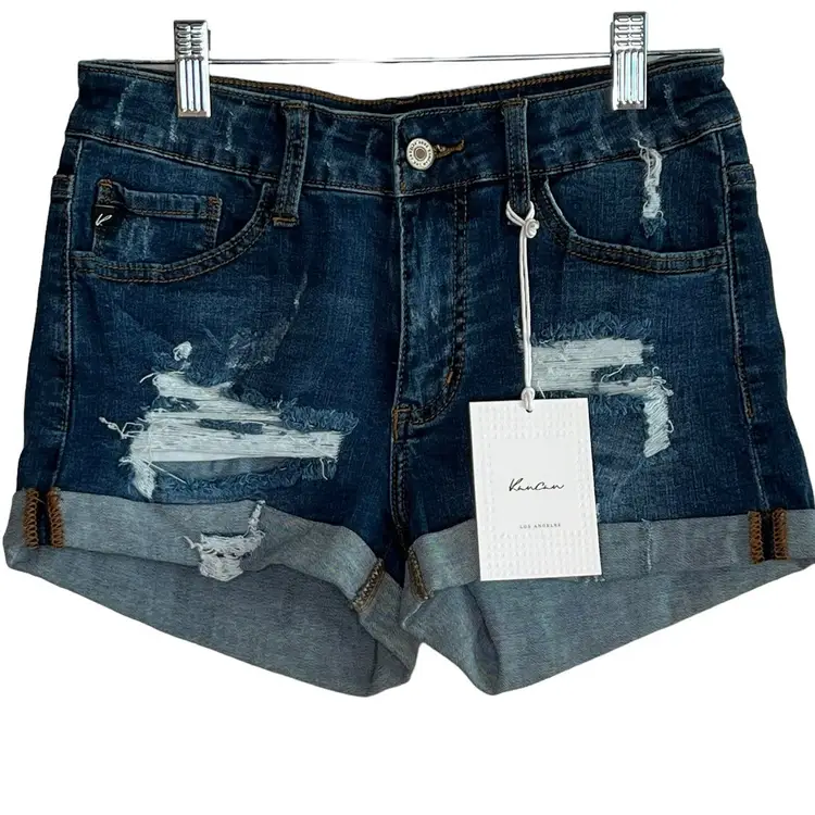 KanCan Rolled Cuff Hem Distressed Denim Shorts Blue Pockets Womens Size 3 NWT