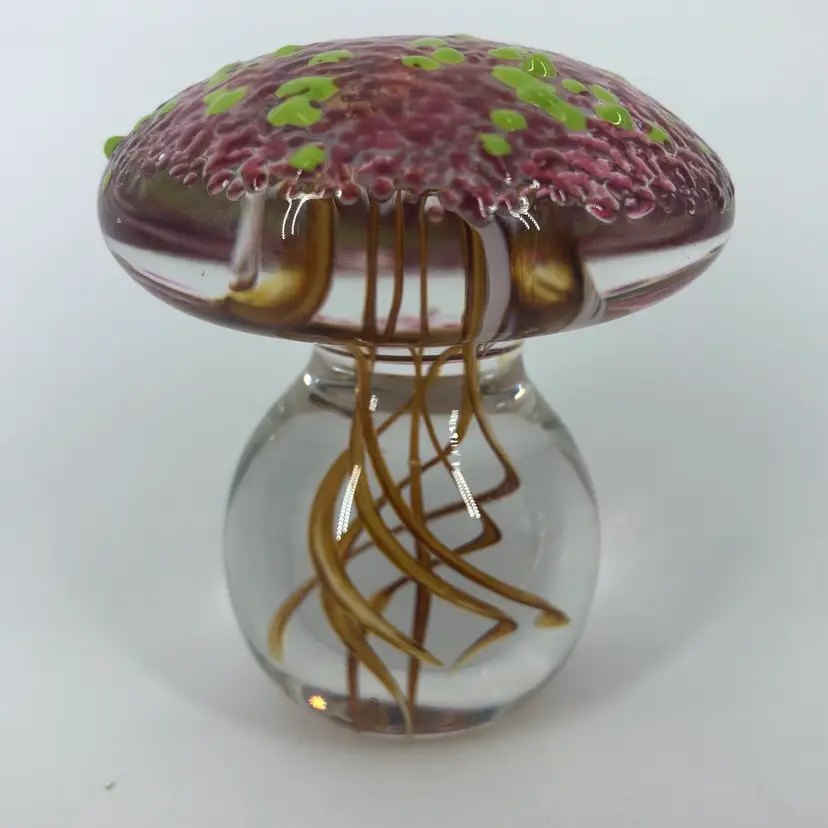 Hand-Blown Art Glass Pink & Green Mushroom