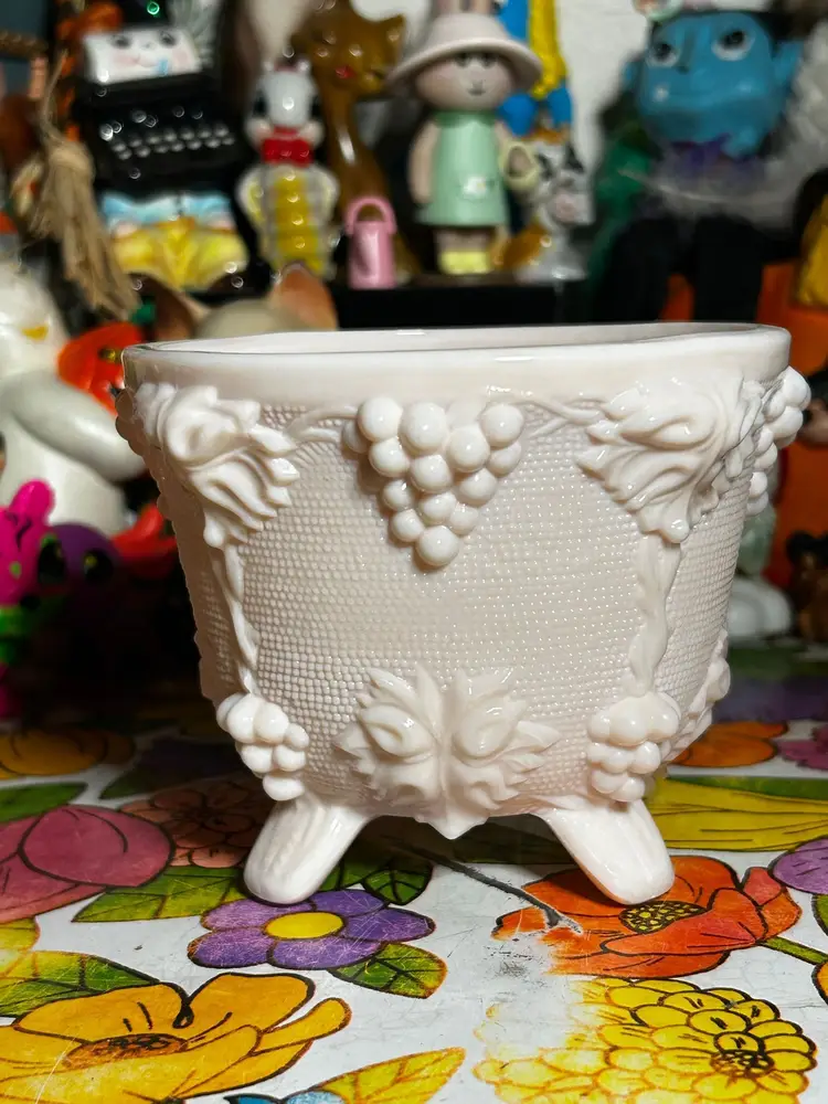 Vintage Jeanette Pink Milk Glass Bowl with Grapes