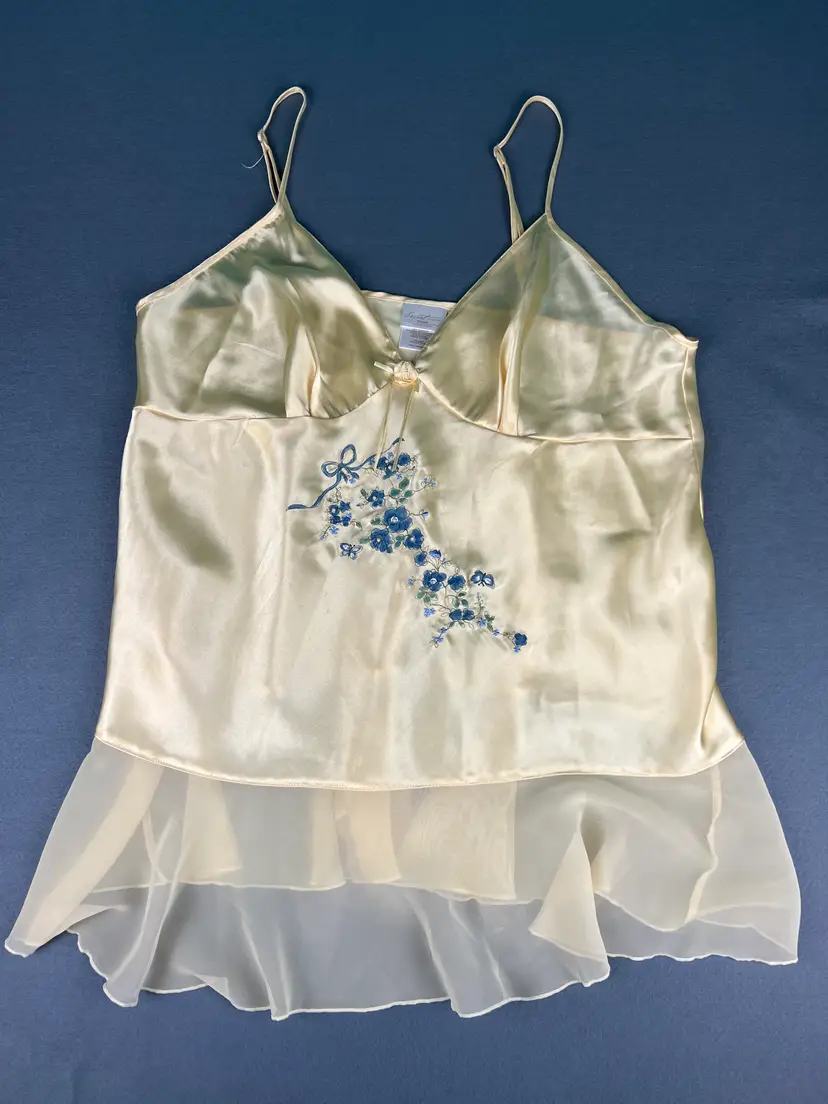 Yellow Satin Babydoll Chemise 2X Embroidered Floral Lace Trim Sleepwear Romantic