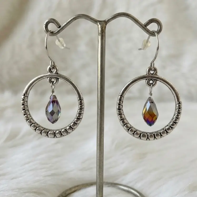Silver Tone Hoop Drop Earrings Iridescent Crystal Teardrop Dangle