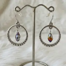 Silver Tone Hoop Drop Earrings Iridescent Crystal Teardrop Dangle