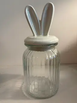 EASTER CANDY JAR Glass Ceramic Bunny Ears Lid 7" in. Tall
