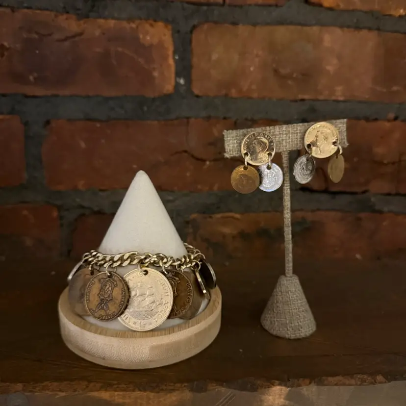 Vintage Old Coins Bracelet And Screw Back Earrings Set