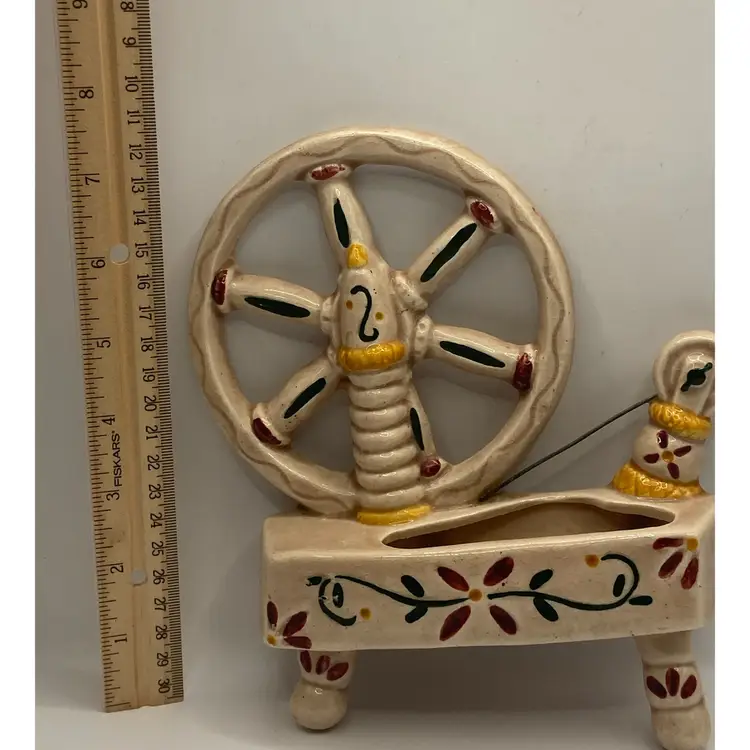 Vintage Ceramic Wall Pocket Planter, Hand Painted Spinning Wheel, California Pottery
