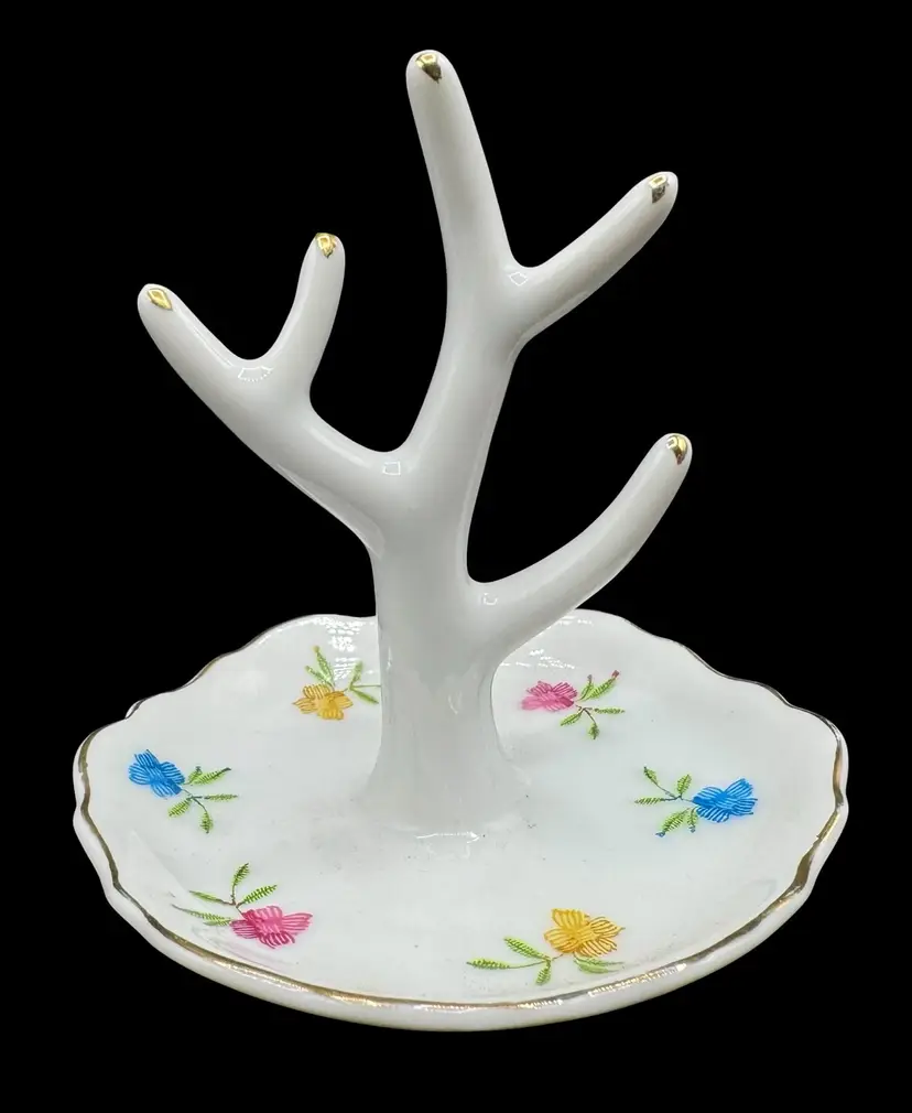 Vintage Trinket Ring Jewelry Dish Tree Branch Coral Floral White Gold Pink Blue