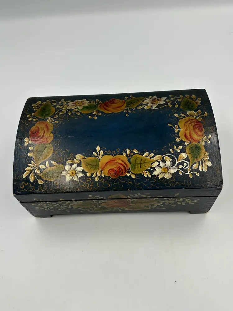 Vintage/Antique Wood Hand Painted Dark Blue And Floral Hinged  Footed Box