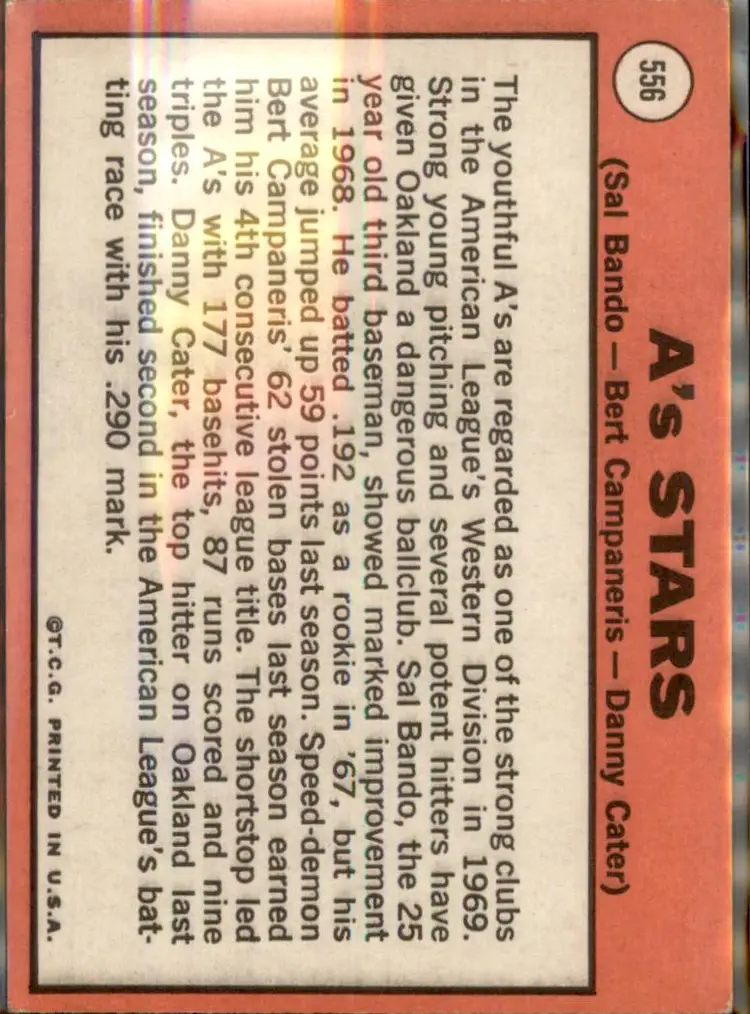 1969 Topps #556 A's Stars (Bando / Campaneris / Cater) - ( pk3 ) - Oakland Athletics