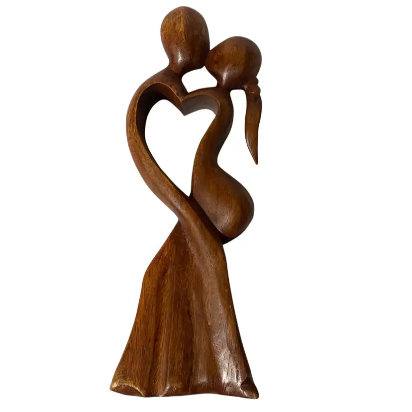 Standing Hand Carved Wooden Statue Kissing Couple