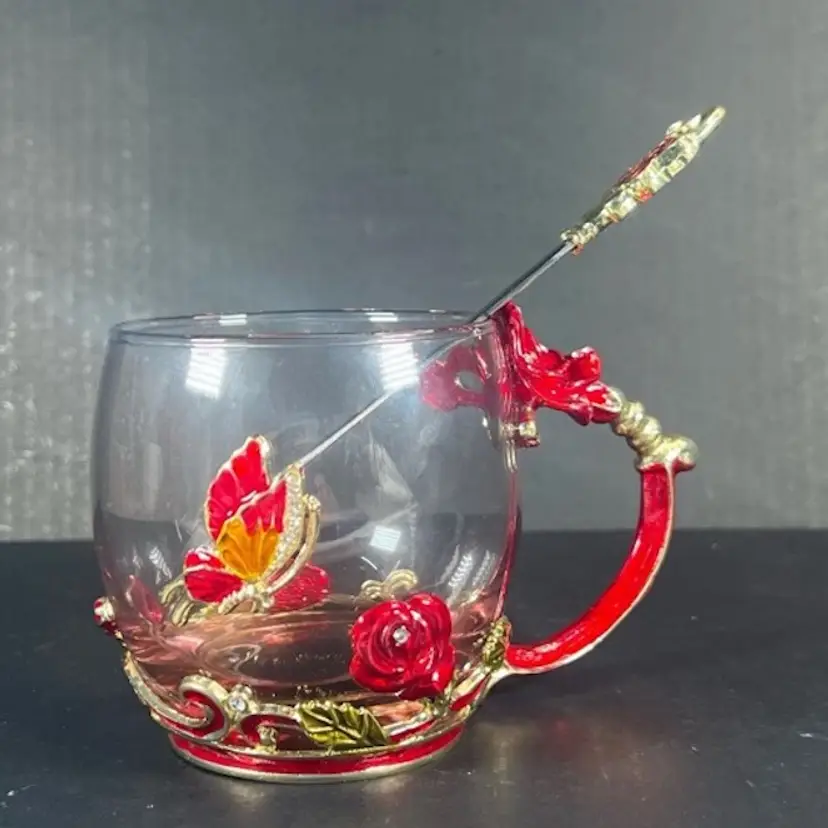 Ornate Metal Enamel RED ROSE Butterfly Coffee/Tea Mug W Spoon ARC of France
