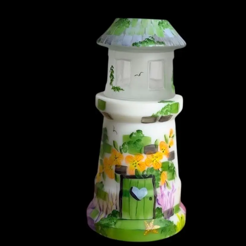 Super FENTON Exclusive Octopus Fairy Lamp Lighthouse #10/12 Hand Painted - Signed Floral•Octopus•Birds•Starfish  2023 Glows
8” T x 4” W