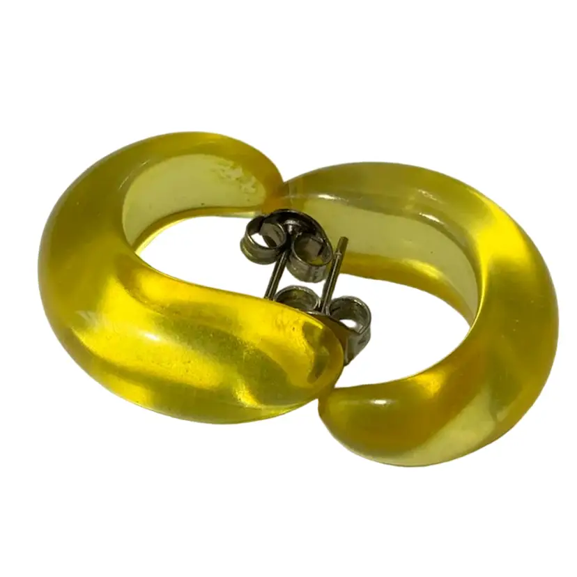 Vintage Costume Jewelry Yellow Jelly Acrylic Hoop On Silver Tone Metallic Post Earrings