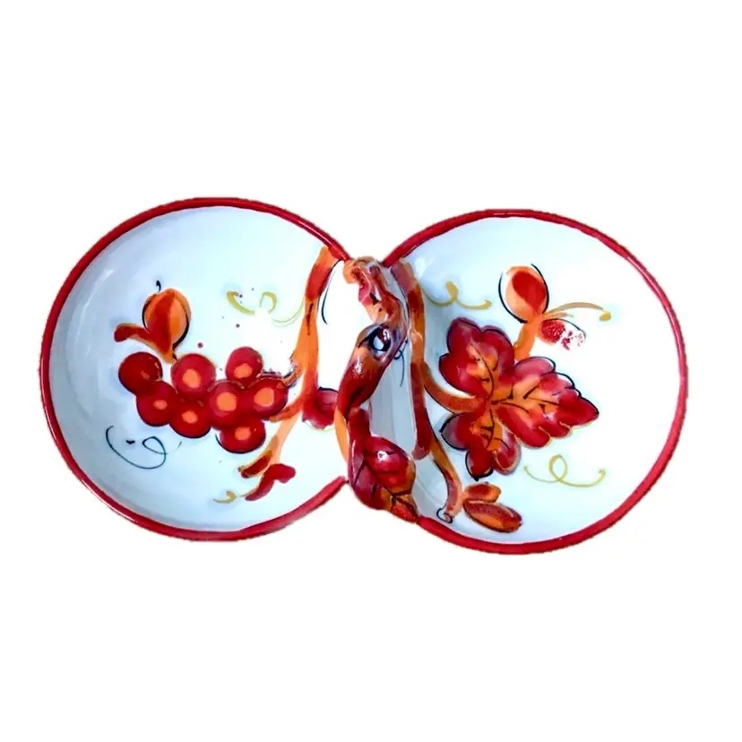 Italian Pottery Dipping Sauce Two Compartment Basket Trinket Holder White Orange