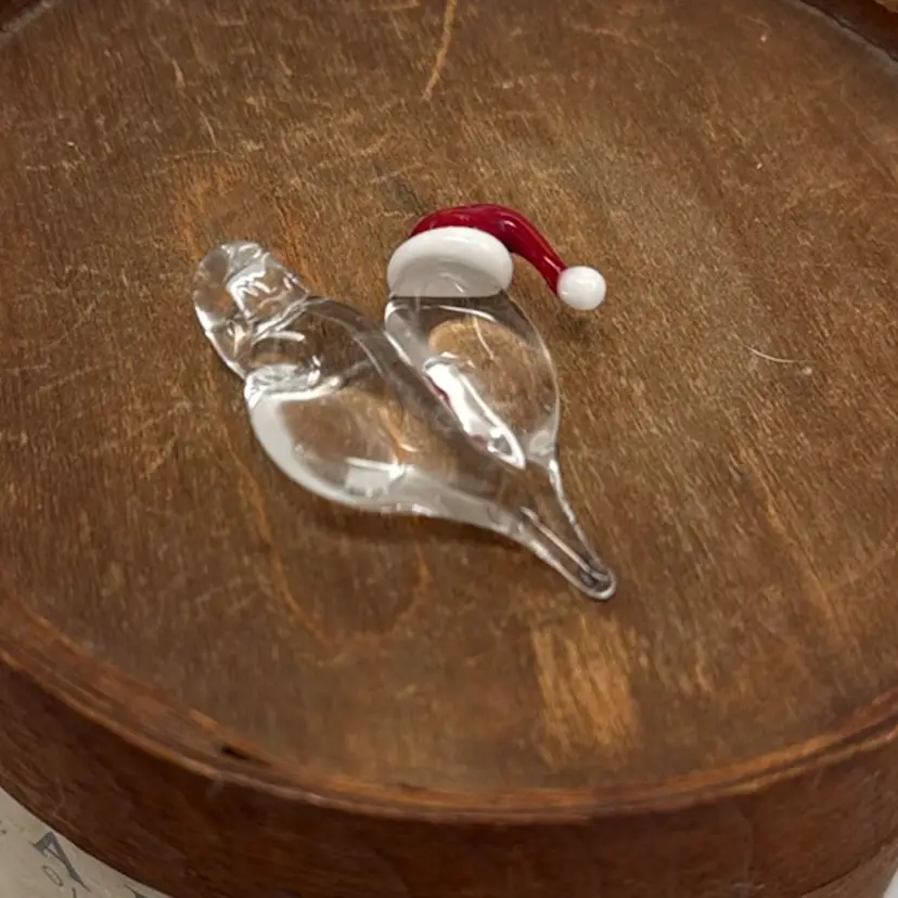 J. Bloemer Handmade USA Art Glass Red Santa Hat Heart Clear Background Pendant- 1.75”